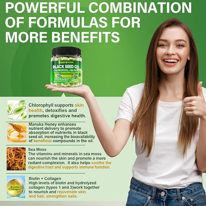 Black Seed Oil Gummies for Adults & Kids 9+, Chlorophyll & Sea Moss Supplement, Biotin with Hydrolyzed Collagen for Skin, Hair & Nails, Vit E, C, Zinc for Immune, Overall Health, Organic Cold Pressed