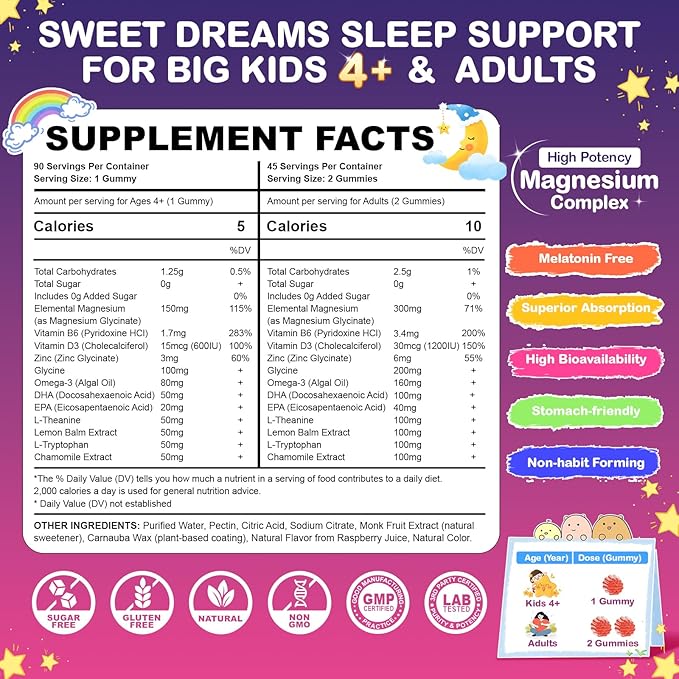 Magnesium Glycinate Gummies for Kids 4+ & Adults, 180 Counts No Melatonin Magnesium Gummies for Sleep & Calm, Sugar Free Vegan with Glycine, L-Theanine, B6, D3, Zinc & Omega 3 - Raspberry Flavor