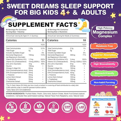 Magnesium Glycinate Gummies for Kids 4+ & Adults, 180 Counts No Melatonin Magnesium Gummies for Sleep & Calm, Sugar Free Vegan with Glycine, L-Theanine, B6, D3, Zinc & Omega 3 - Raspberry Flavor