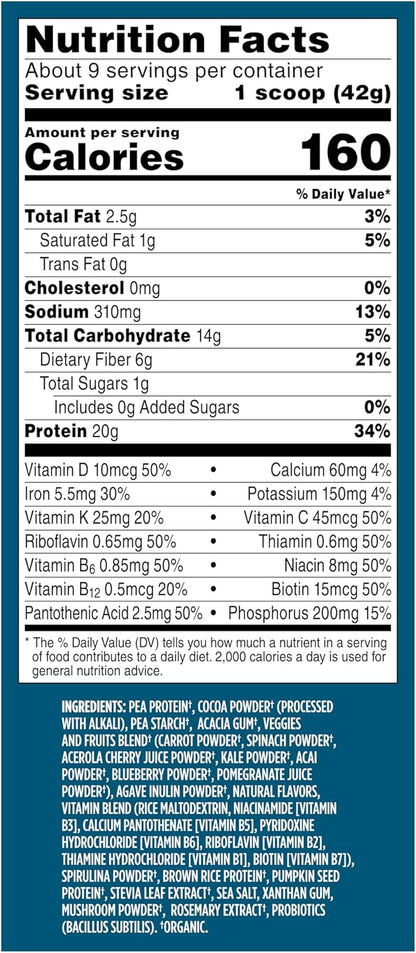Vega Organic All-in-One Vegan Protein Powder, Chocolate - Superfood Ingredients, Vitamins for Immunity Support, Keto Friendly, Pea Protein for Women & Men, 13.2 oz (Packaging May Vary)