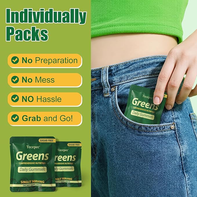 Sugar Free Greens Daily Gummies, Superfood Fruits Veggies Blend with Spirulina, Chlorella, Prebiotics & Fiber, Adaptogens Multivitamin Supplement for Women Men Digestive Health, Non-GMO, 120 Count