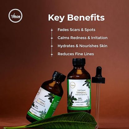My Ace Tamanu Carrier Oil | 100% Pure & Natural Cold Pressed Unrefined Oil for Skin & Face Care, Hair Growth, Body Massage, Stretch Marks & Aromatherapy – 4 fl oz