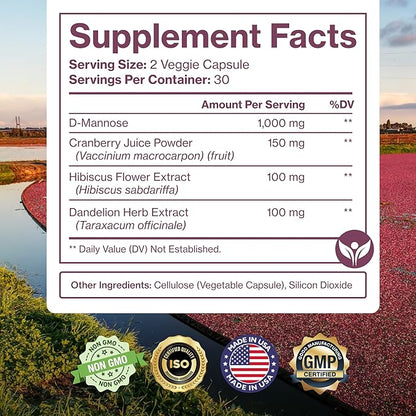 Pure D Mannose Capsules 1000mg Per Serve - Fast Acting UTI Support - Urinary Tract Cleanse & Bladder Health - Cranberry, D-Mannose, Dandelion, Hibiscus Flower - 60 Veggie Caps