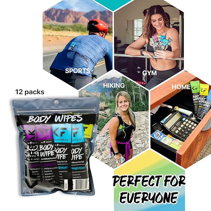 The Klean Freak Body Wipes - 12 count Individually Wrapped | Showerless Body Wipe for Women & Men | Sustainable Bodywipes for Gym, Travel, Camping | Mixed