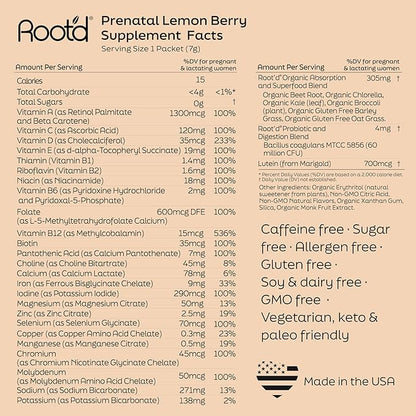 Root'd Prenatal Multivitamin Powder - 25 Vitamins & Minerals with 3x Electrolytes, Folate, Iron, D3 for Mom & Baby, 7 Superfood & Probiotics, Sugar-Free Vitamins & Hydration | 30 Vitamin Drink Packets