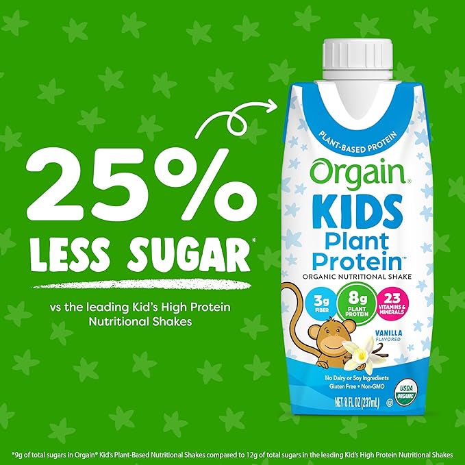 Orgain Organic Kids Nutritional Vegan Protein Shake, Vanilla - Healthy Kids Snacks, 8g Plant Protein, 3g Fiber, 23 Vitamins & Minerals, No Dairy & Soy, Non-GMO, 8 Fl Oz (12 Pack) Package May Vary