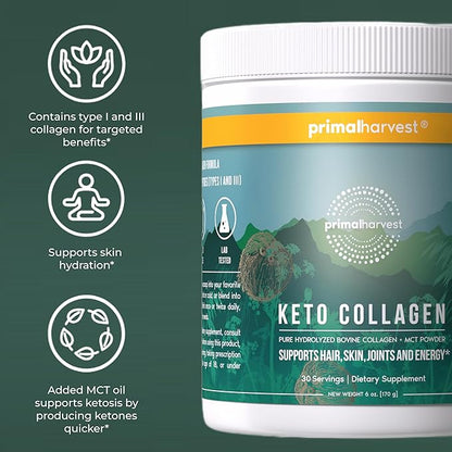 Primal Harvest Keto Collagen Powder with MCT Oil Hydrolyzed Collagen Peptides 10 oz Unflavored Paleo & Keto Friendly Protein Supplement