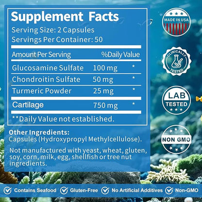 Cartilage, for Joint & Bone, with Cartilage 750mg, Glucosamine & Collagen, Support Joint Function, Bone Density & Cartilage Health, Aging Joints, 100 Capsules
