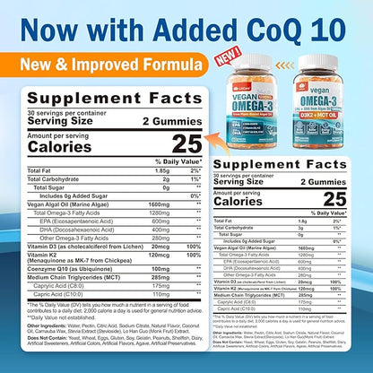 Vegan Omega-3 Gummies 1280mg + COQ10+ Vitamin D3 K2 (MK7), Omega 3 Fish Oil Alternative for Adults w/EPA 600mg & DHA 400mg & MCT Oil, No Fish Taste from Marine Algae, for Brain, Eye, Immunity, 2 Pack