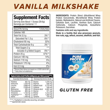 Pure Protein Powder, Whey, High Protein, Low Sugar, Gluten Free, Vanilla Cream, 1 lb