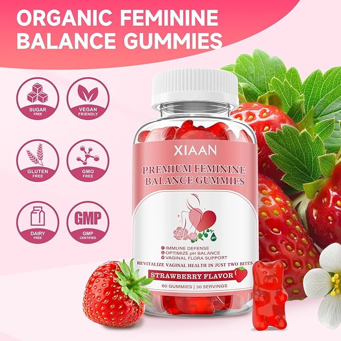 Feminine Balance Gummies for Women, 2 Pack Premium Feminine Balance Gummies Support PH Balance & Vaginal Health, Vegan, Gluten-Free, Strawberry Flavor