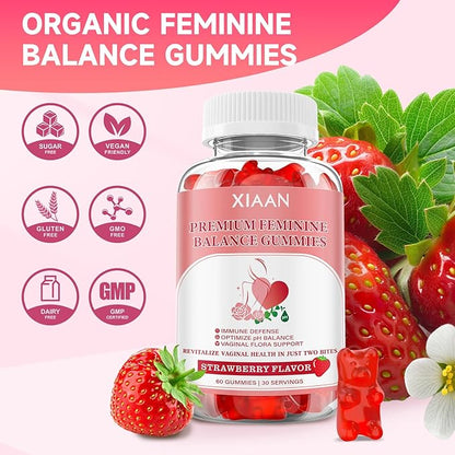 Feminine Balance Gummies for Women, Premium Feminine Balance Gummies Support PH Balance & Vaginal Health, Vegan, Gluten-Free, Strawberry Flavor 60 Gummies