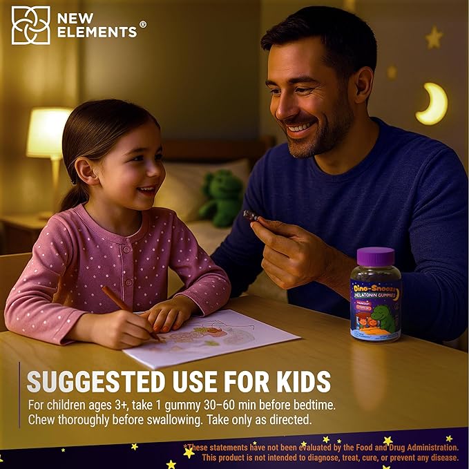 New Elements Melatonin Gummies Kids 2mg with Magnesium Glycinate & Vitamin B6 | Sleep Gummies for Kids | Dinosaur-Shaped Sleep Support | Natural Grape Flavor | Sugar Free | Non-GMO | Gluten Free