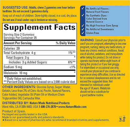 Nature Made Melatonin 10mg per serving Gummies for Adults, Maximum Strength Dosage Sleep Aid, 100% Drug Free, 70 Count Melatonin Gummies, 35 Day Supply