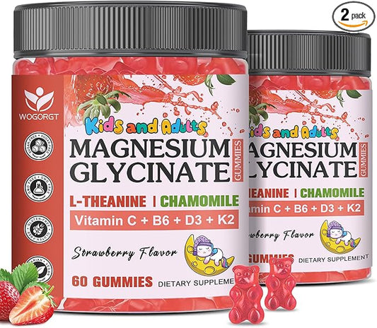 Magnesium Glycinate Gummies for Kids & Adults - Relaxation & Cognition Support - 400/200mg Magnesium Supplement with L-Theanine, B6, D3 & K2 - Vegan, Sugar Free, Strawberry Flavor, 60 Ct (2Pack)