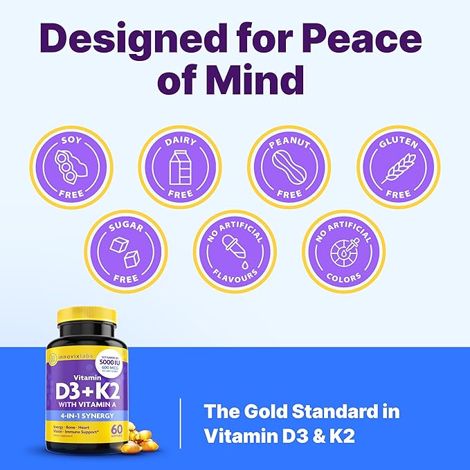 InnovixLabs Vitamin D3 K2-5000 IU Vitamin D3 Plus 600 mcg Vitamin K2 MK4 and MK7 for Max Calcium Absorption, Supports Bone, Immune, Heart Health, 3rd Party Tested, Gluten Free, 60 Softgels