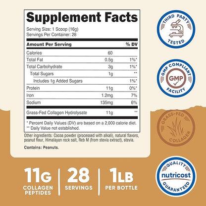 Nutricost Collagen Peptides Powder (Chocolate Peanut Butter Flavored) 1 LB - Grass-Fed Collagen Hydrolysate, Gluten-Free