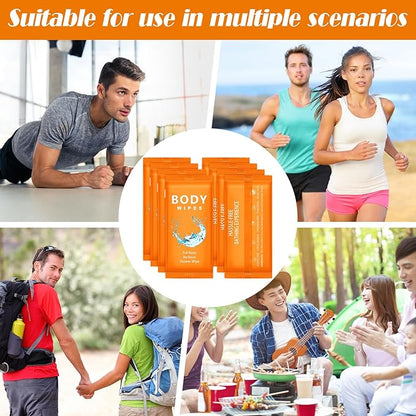 Treela 300 Pcs Large Body Wipes Bulk Deodorant Travel Size for Homeless Care Package Supplies Individually Wrapped Adults Bathing No Rinse Wet Wipes Men Women Hygiene Items(7.09" X 9.84",Orange)