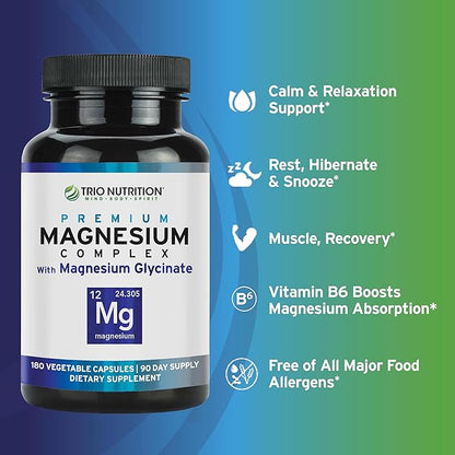 Trio Nutrition Magnesium Complex 90 Day Supply 420 mg | Natural Calm, Relax, Stress Relief, and Muscle Recovery |Magnesium Glycinate Supplement with Vitamin B6 for Rapid Absorption*