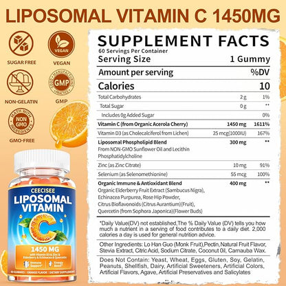 Liposomal Vitamin C Gummy for Adults: Organic Chewable Extra Strength Vitamin C and Zinc Gummies Plus Zinc D3 Elderberry Echinacea - Natural Orange Flavor Sugar Free Immune Support(120Count)