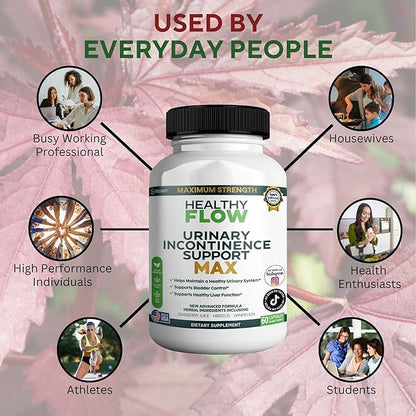 Healthy Flow Urinary Incontinence Support Max, 60 Veggie Capsules, Cranberry Juice Hibiscus Dandelion Formula, 30 Day Supply (3)