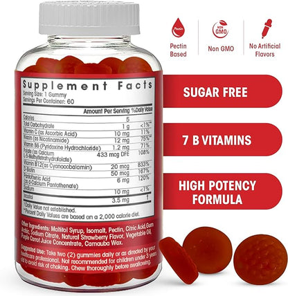 Sugar Free Vitamin B Complex Gummies - Vitamin B12, B7, B6, B3 (Niacin), B5, B8, B9 (Folate)- Third Party Tested- Prenatal, Vegan Diet, Older Adults - B Complex Vitamin Supplement- 60 Gummy Bottle