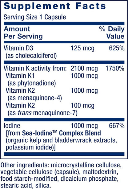 Life Extension Vitamins D and K with SeaIodine Bone Brain Thyroid Arterial Support Non GMO Once Daily Gluten Free, 60 Count