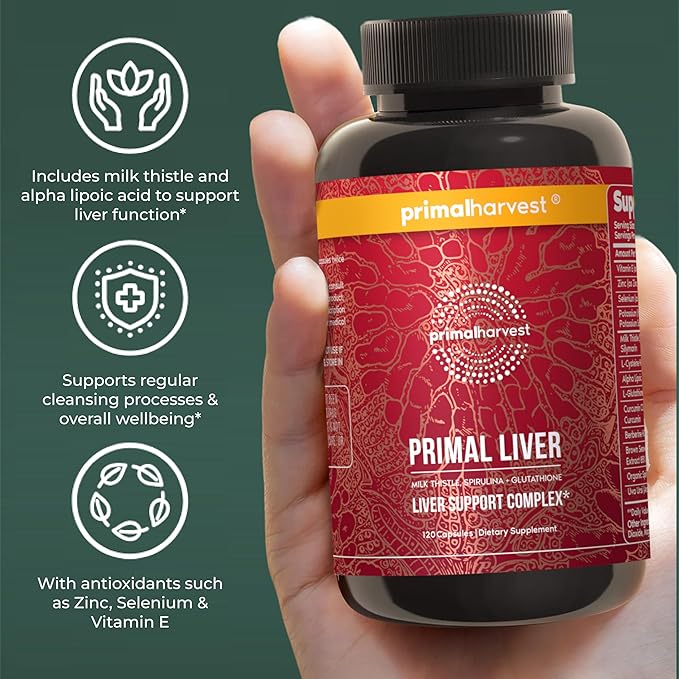 Primal Harvest Primal Liver Liver Supplement with, Alpha-Lipoic Acid, L-Cysteine HCL, L-Glutathione, Milk Thistle, and Spirulina, for Men and Women, 120 Capsules