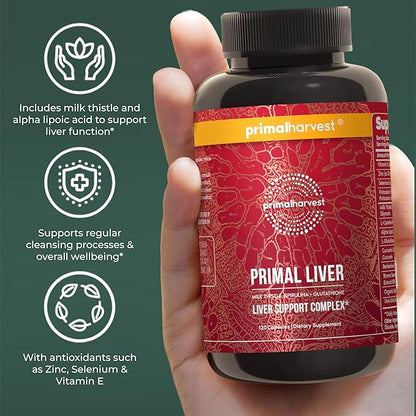 Primal Harvest Primal Liver Liver Supplement with, Alpha-Lipoic Acid, L-Cysteine HCL, L-Glutathione, Milk Thistle, and Spirulina, for Men and Women, 120 Capsules