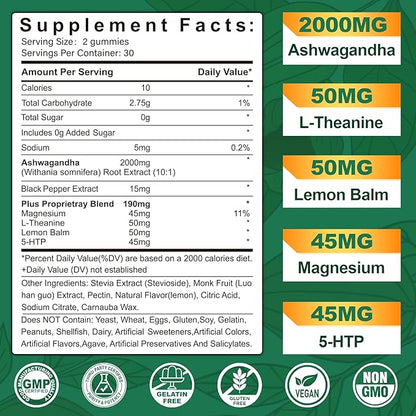 NEVISS Ashwagandha Gummies 2000mg, Feel Refreshed, Plus Proprietary Blend with 5-HTP, L-Theanine, Lemon Balm, Magnesium for Calm, Zzzs, Mood, Energy & Relaxation Support (1 Pack (60 Countss))