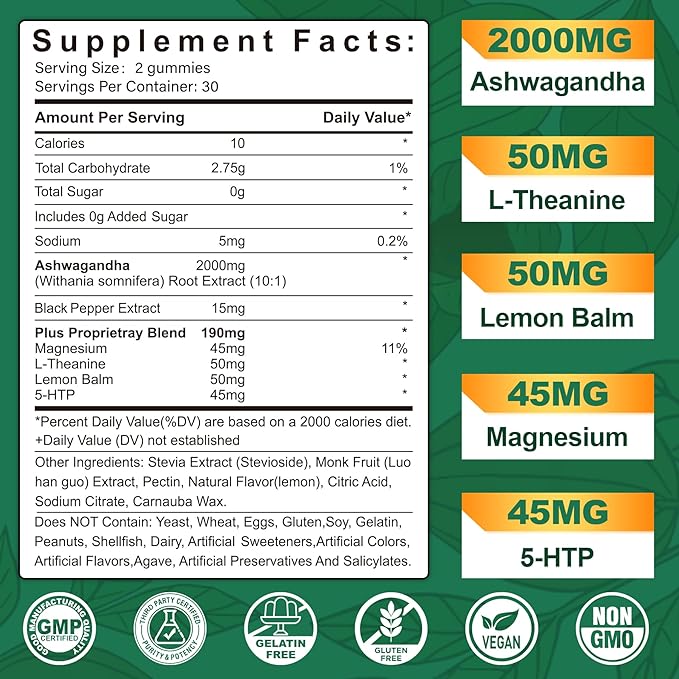 NEVISS Ashwagandha Gummies 2000mg, Feel Refreshed, Plus Proprietary Blend with L-Theanine, 5-HTP, Lemon Balm, Magnesium for Calm, Zzzs & Relaxation Support, 120 Count