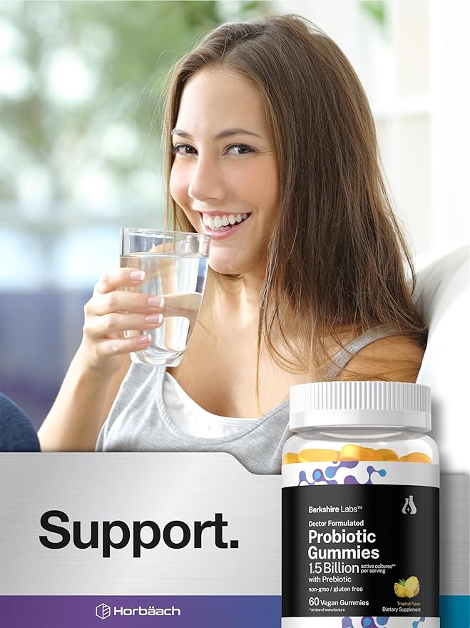 Horbäach Probiotic Gummies 1.5 Billion CFU | 60 Count | with Prebiotic for Women and Men | Tropical Flavor | Doctor Formulated | Vegan, Non-GMO & Gluten Free | Berkshire Labs
