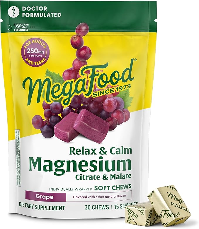 MegaFood Relax + Calm Magnesium Complex with Magnesium Citrate & Malate for Heart Health, Muscle Tension & More – Doctor Formulated - Vegetarian – Grape Flavor - 30 Soft Chews (15 Servings)