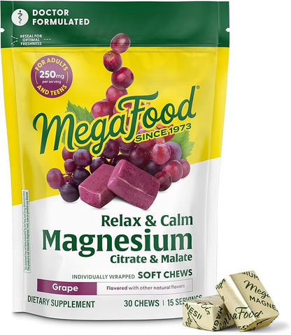 MegaFood Relax + Calm Magnesium Complex with Magnesium Citrate & Malate for Heart Health, Muscle Tension & More – Doctor Formulated - Vegetarian – Grape Flavor - 30 Soft Chews (15 Servings)