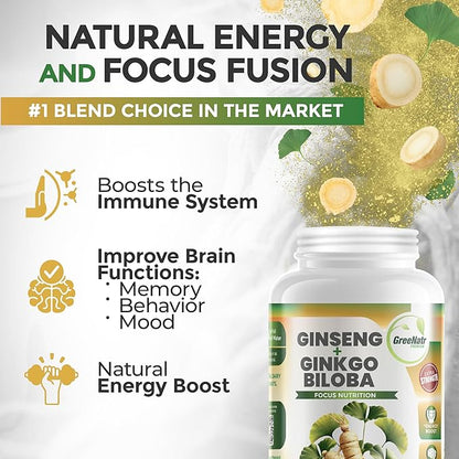 GreeNatr Ginko Biloba & Panax Ginseng Supplement - Red Ginseng Brain Supplement for Memory and Focus - Ginkgo Biloba Supplements for Good Vision, Immune System and Improved Blood Flow - 12 Bottles
