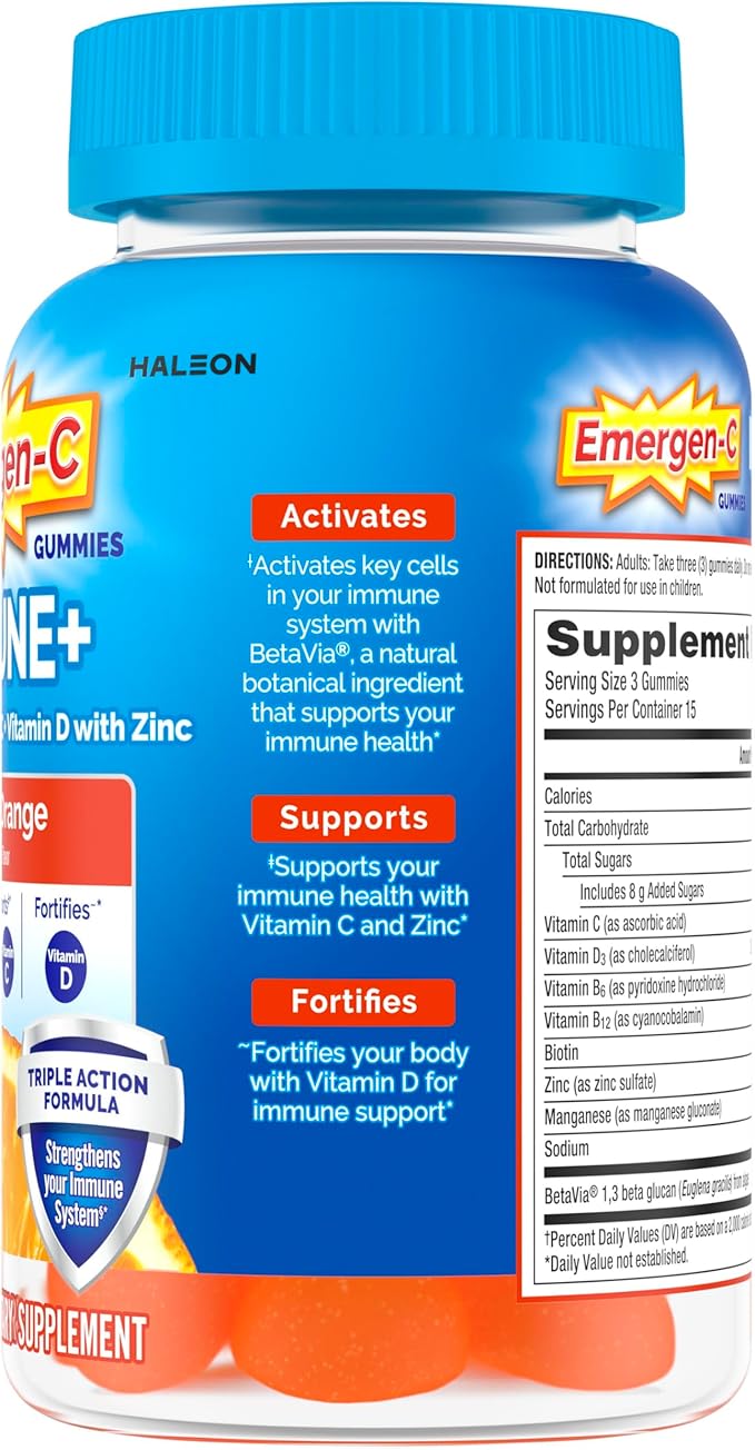 Emergen-C Immune+ Triple Action Immune Support Gummies, BetaVia (R), 1000mg Vitamin C, B Vitamins, Vitamin D and Antioxidants, Super Orange, Back to School Essentials - 45 Count