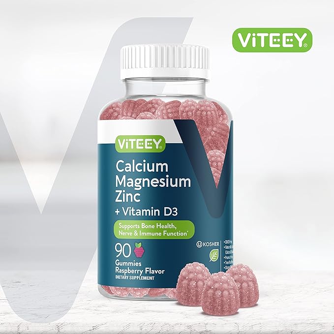 Viteey Calcium Magnesium Zinc Gummies with Vitamin D3 - Supports Bone Health, Nerve & Immune Function - Calcium Magnesium Zinc D3 for Adults & Teens - GMO Free - Chewable Raspberry Flavored Gummy