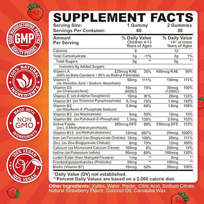 Iron Gummies for Kids & Teens, Kids Multivitamin with Iron Supplement, Calcium, Folate, Zinc, Prebiotic - for Blood Builder & Energy Support, Iron Deficiency - Vegan & Non-GMO - 60 Count Strawberry