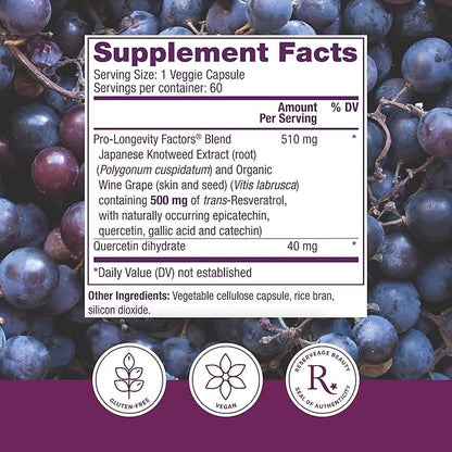 Reserveage Beauty, Resveratrol 500 mg, Antioxidant Supplement for Heart and Cellular Health, Supports Healthy Aging and Immune System, Paleo, Keto, 60 Capsules