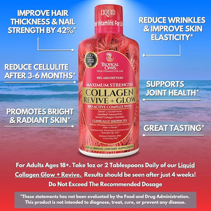 Tropical Oasis Liquid Collagen Glow for Women & Men | 5000mg VERISOL Collagen Peptides + 12500mcg Biotin | Clinically Tested for Thicker Hair, Brighter Skin, Wrinkles & Stronger Nails | 32 Serv