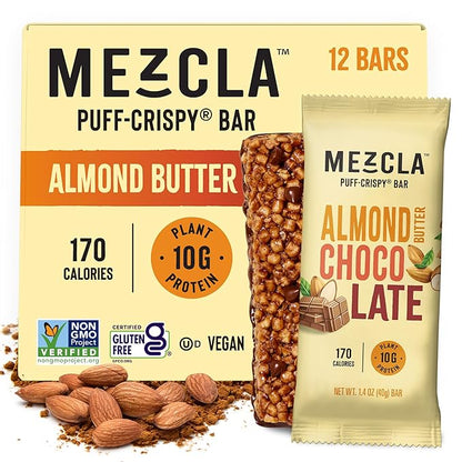 Mezcla Puff-Crispy Plant Based Protein Bars - Almond Butter Chocolate - Healthy Snacks for Adults & Kids - Perfect School, Travel, & Office Snacks - Gluten Free, Vegan, Non GMO, 10g Protein - 12 Count