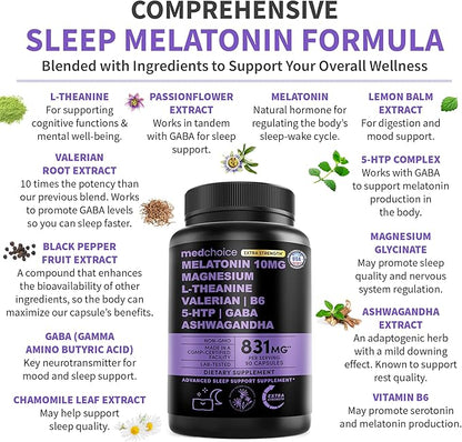 12-in-1 Melatonin Sleep Capsules - 10mg Melatonin Extra Strength with Magnesium and Balanced Blend of Ashwagandha, GABA, Chamomile Extract, L-Theanine & Valerian Root 10:1 Extract (90ct, Pack of 2)