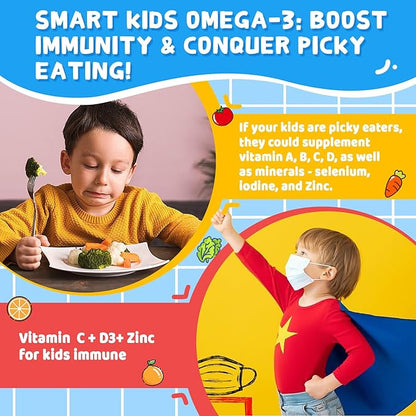 Nextdia Omega 3 (EPA/DHA) Filled Gummies for Kids with Multivitamin, Calcium + D3 + K2 + Zinc, Plus Vitamin A B1 B2 B12 C, Selenium, Iodine for Brain, Eye, Bone, Energy, No Fish Taste, 2 Pack