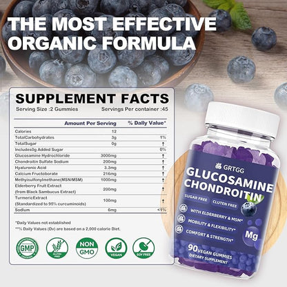 Glucosamine Chondroitin Gummies with MSM & Elderberry Extra Strength 3000MG - Joint Support, Antioxidant Immune Support Supplement for Adults, Men & Women - 90 Blueberry Gummies