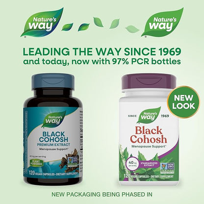 Nature's Way Black Cohosh Premium Extract, Helps Reduce Night Sweats and Promotes Restful Sleep for Women During Menopause*, 40 mg per Serving, 120 Vegan Capsules (Packaging May Vary), (Pack of 2)