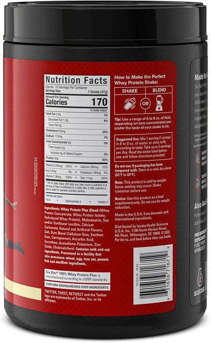 Whey Protein Powder | Six Star Whey Protein Plus | Whey Protein Isolate & Peptides | Lean Protein Powder for Muscle Gain | Muscle Builder for Men & Women | Vanilla, 2 lbs (Package May Vary)