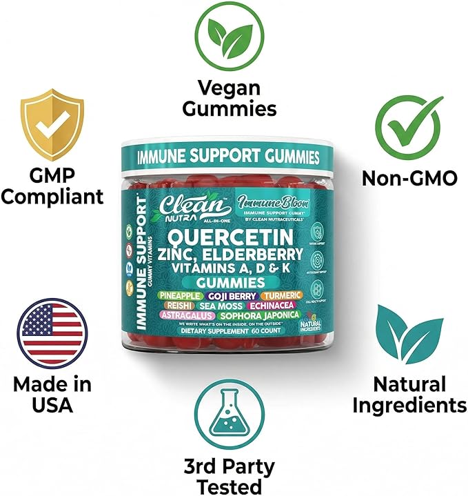 Clean Quercetin Elderberry Immune Support Gummies | Zinc Vitamin K2 D3 A Bromelain Goji Berry Turmeric Sea Moss Echinacea Astragalus Selenium Olive Leaf Immunity Supplement Gummy Vitamins