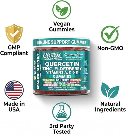 Clean Quercetin Elderberry Immune Support Gummies | Zinc Vitamin K2 D3 A Bromelain Goji Berry Turmeric Sea Moss Echinacea Astragalus Selenium Olive Leaf Immunity Supplement Gummy Vitamins