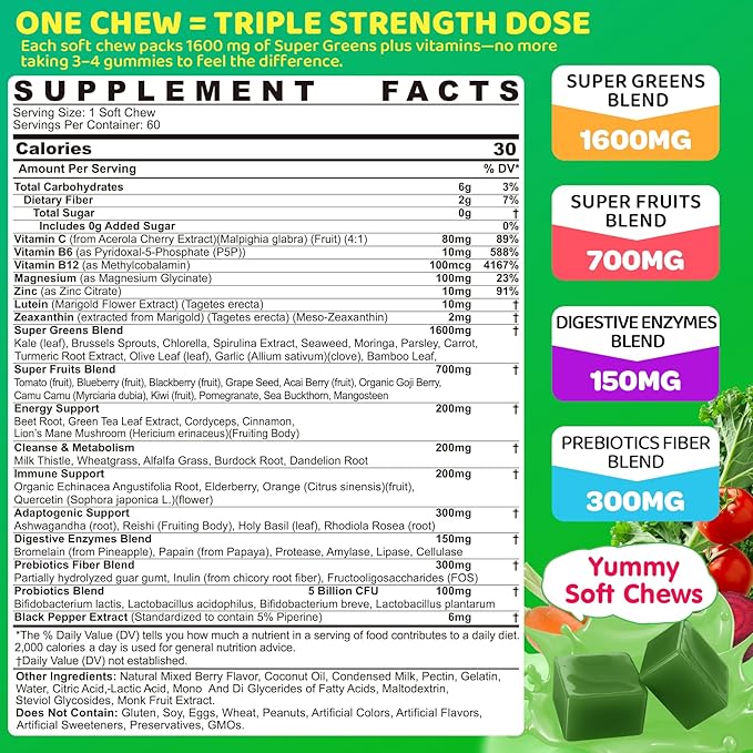 Greens Gummies for Picky Teens & Adults - Greens Superfood Multivitamin Gummies w/ 40+ Fruits & Veggies, Lutein, Enzymes & Fiber, Supergreen Chews for Immunity, Energy, Digestion, Gut & Vision, 1 Pack
