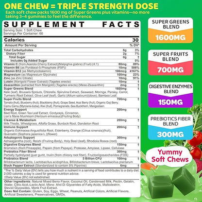Greens Gummies for Picky Teens & Adults - Greens Superfood Multivitamin Gummies w/ 40+ Fruits & Veggies, Lutein, Enzymes & Fiber, Supergreen Chews for Immunity, Energy, Digestion, Gut & Vision, 1 Pack